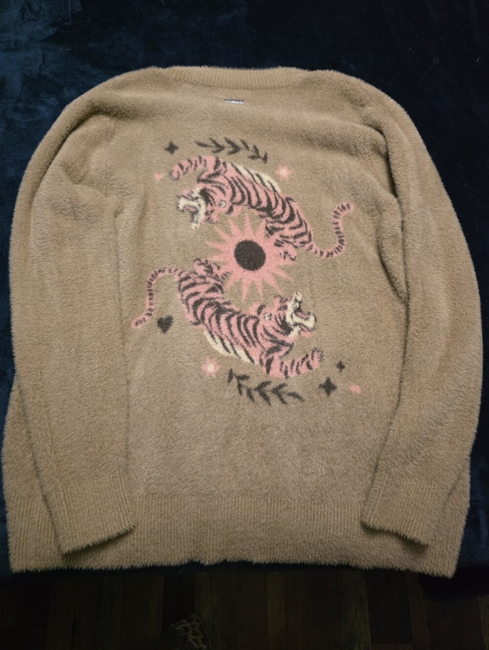 Women's Taupe Fuzzy Sweater with Pink Tiger Spiritual Gangster
